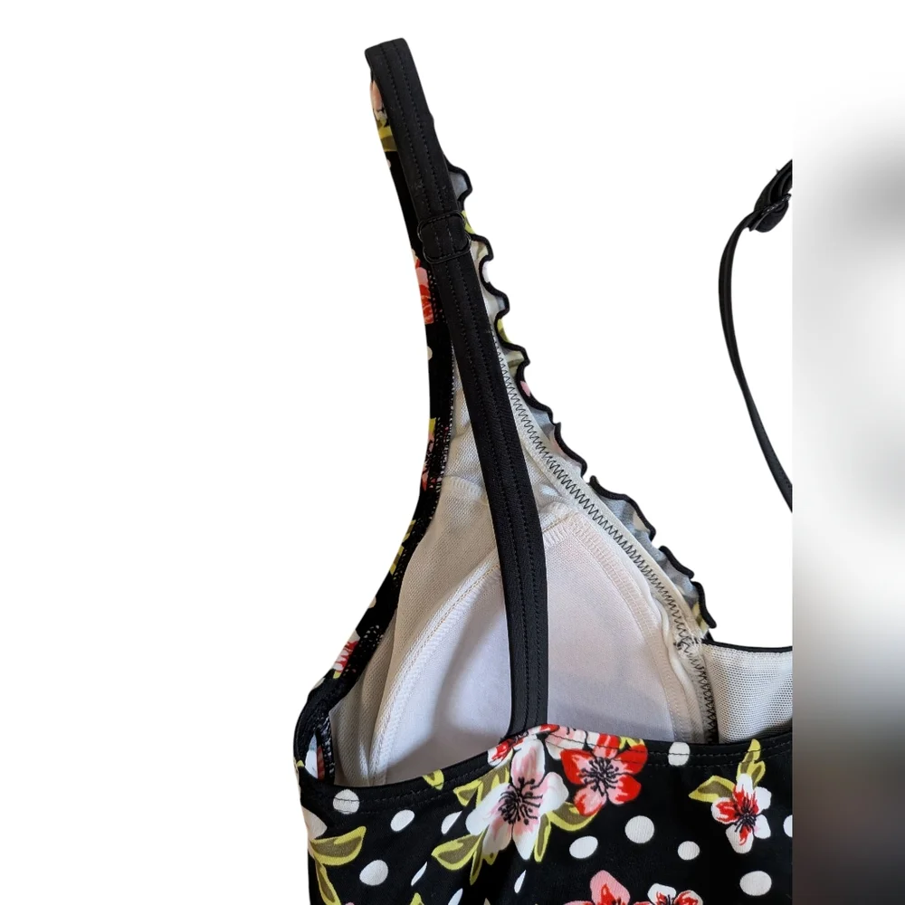 Lascana for Venus ruched one piece black and pink floral swim suit